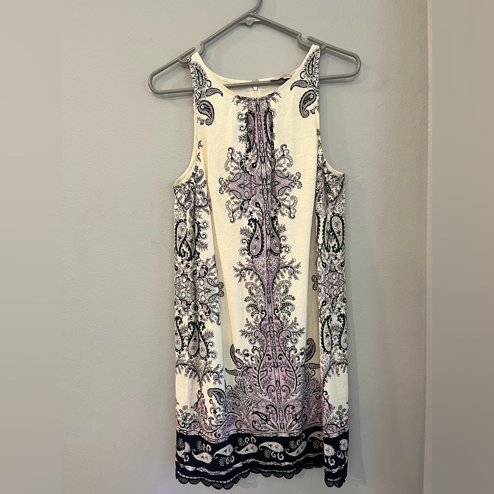 Ann Taylor Loft Purple Cream Paisley Linen Lace Sleeveless Lined Dress